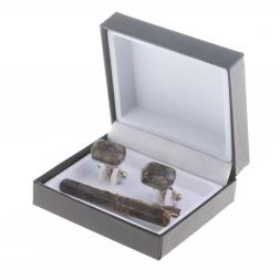 Набор запонки закругленные и зажим для галстука камень лабрадор