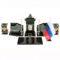 Настольный набор с гербом и флагом России камень офиокальцит