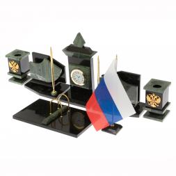 Настольный набор с гербом и флагом России камень офиокальцит