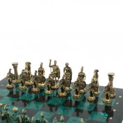 Шахматы "Римские войны" фигуры бронза / патина 44х44 см змеевик