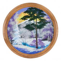 Панно каменное на тарелке из дерева &amp;quot;Зимний пейзаж&amp;quot; 50 см