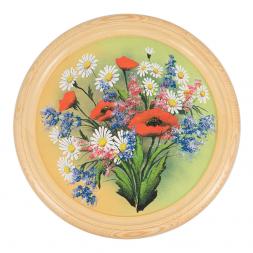 Панно на тарелке из дерева &amp;quot;Букет полевых цветов&amp;quot; 40 см рисунок каменная крошка