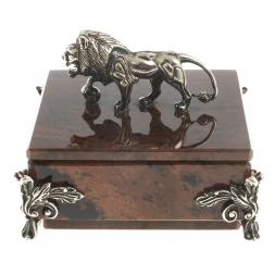 Шкатулка &amp;quot;Лев&amp;quot; камень обсидиан бронза 11х11х8,5 см