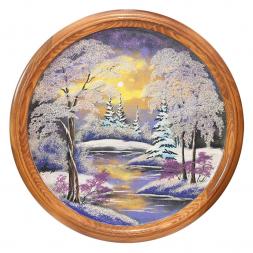 Панно каменное на тарелке из дерева &amp;quot;Зимний пейзаж&amp;quot; 60 см