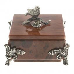 Шкатулка &amp;quot;Певчая птица&amp;quot; камень обсидиан коричневый 9х9х7,5 см