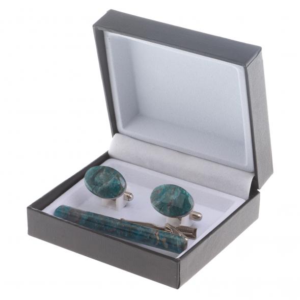 Набор запонки овальные и зажим для галстука камень голубой апатит 124482