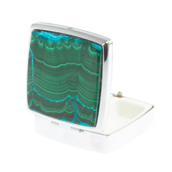 Таблетница на 2 отсека камень малахит с хризоколлой цвет серебро 126734