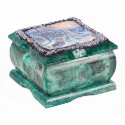 Шкатулка с иллюстрацией &amp;quot;Зимний вечер&amp;quot; змеевик 10х10х6,5 см