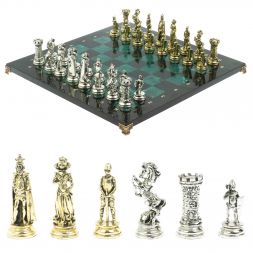 Шахматы "Средневековые рыцари" доска из змеевика 44х44 см