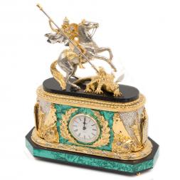 Каминные часы &amp;quot;Георгий Победоносец&amp;quot; камень малахит бронза Златоуст