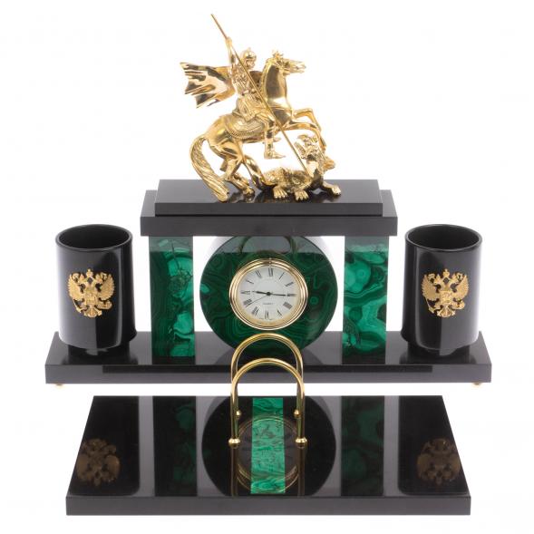 Письменный набор с часами &amp;quot;Георгий Победоносец&amp;quot; из малахита 129562