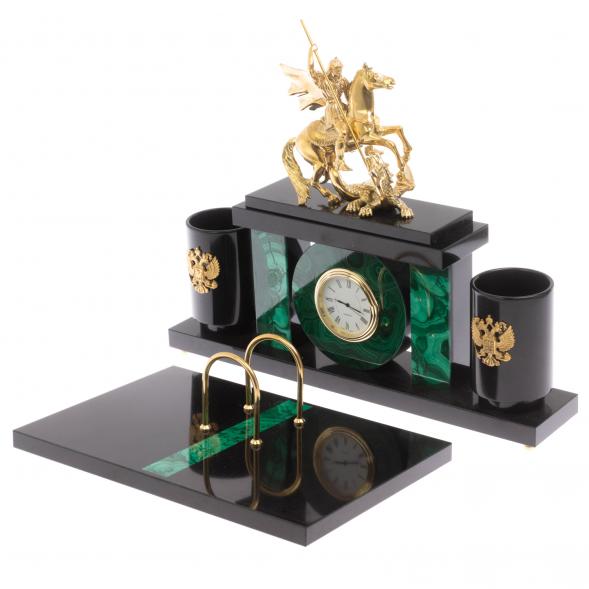 Письменный набор с часами &amp;quot;Георгий Победоносец&amp;quot; из малахита 129562