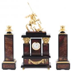 Каминные часы с подсвечниками &amp;quot;Святой Георгий&amp;quot; камень яшма бронза