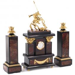 Каминные часы с подсвечниками &amp;quot;Святой Георгий&amp;quot; камень яшма бронза