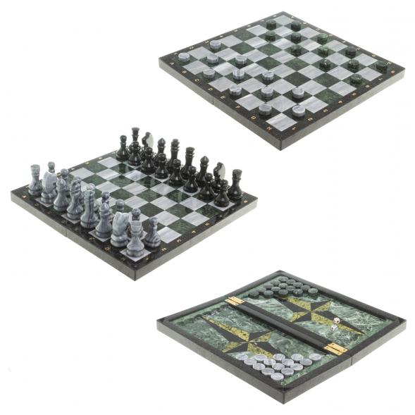 Настольная игра Шахматы Шашки Нарды 3 в 1 из камня мрамор змеевик 123806