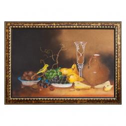 Натюрморт "Фрукты с канарейкой" багет 46х66 см, каменная крошка