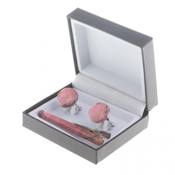 Набор запонки круглые и зажим для галстука камень родонит 124487