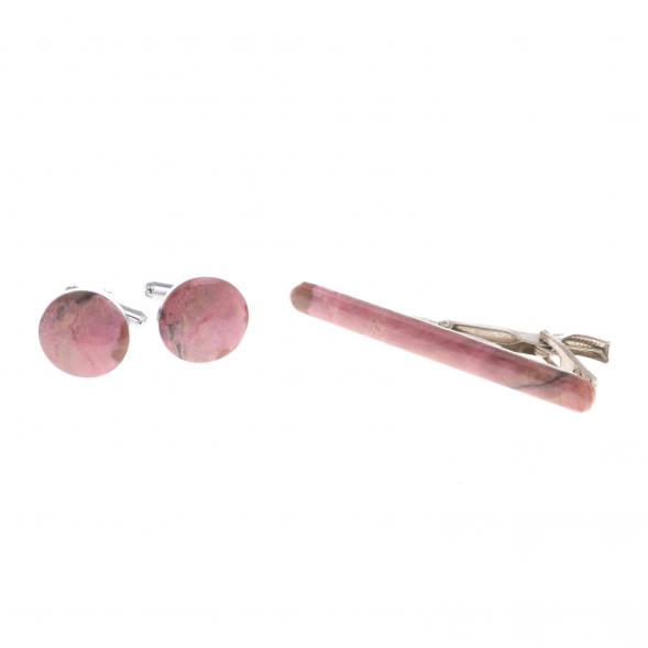 Набор запонки круглые и зажим для галстука камень родонит 124487