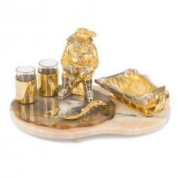 Подарочная икорница со стопками "Рыбак с санями" камень агат Златоуст