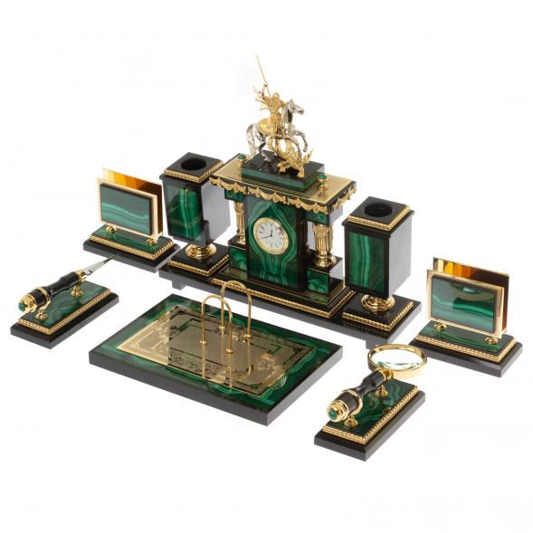 Письменный набор &amp;quot;Георгий Победоносец&amp;quot; из малахита Златоуст 129488