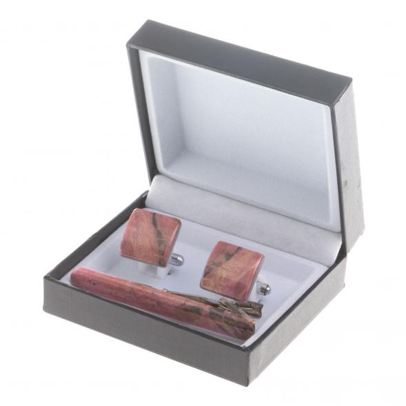Набор запонки прямоугольные и зажим для галстука камень родонит 124488