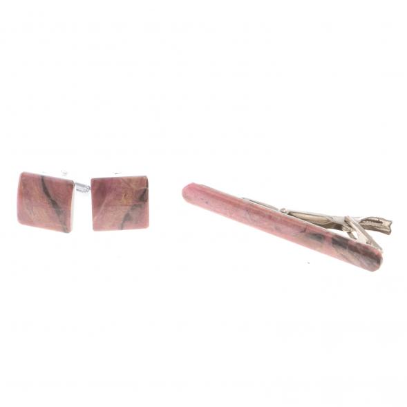 Набор запонки прямоугольные и зажим для галстука камень родонит 124488