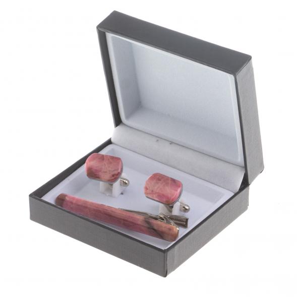 Набор запонки закругленные и зажим для галстука камень родонит 124489