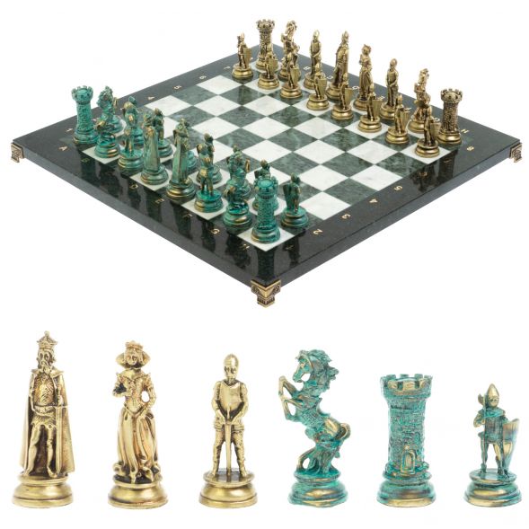 Шахматы &amp;quot;Средневековые рыцари&amp;quot; фигуры бронза / патина 44х44 см мрамор змеевик 128394