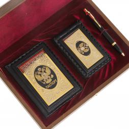 Подарочный набор "Документы" обложка для паспорта, визитница и ручка Parker черная кожа