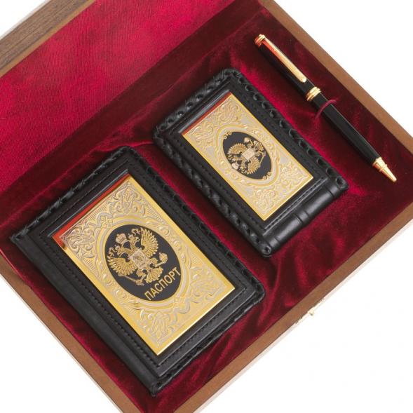 Подарочный набор &amp;quot;Документы&amp;quot; обложка для паспорта, визитница и ручка Parker черная кожа 122400