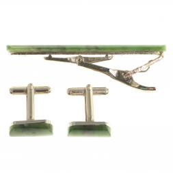 Набор запонки закругленные и зажим для галстука нефрит