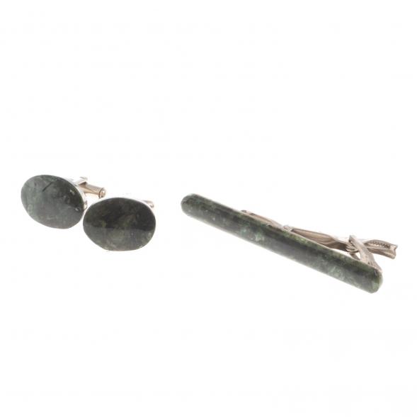 Набор запонки овальные и зажим для галстука камень актиновит 124493