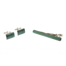 Набор запонки прямоугольные малые и зажим для галстука малахит