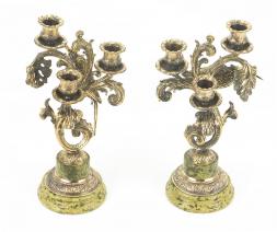 Бронзовые канделябры "Колибри" 3 свечи камень змеевик