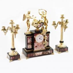 Каминные часы с канделябрами "Амур и Психея" из яшмы и бронзы