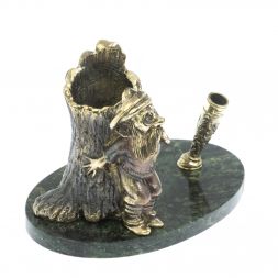 Карандашница "Гном у пня" бронза змеевик 14,5х9,5х10 см