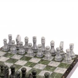 Шахматный набор 3 в 1 серый мрамор, змеевик с гравировкой