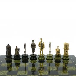 Шахматы подарочные "Железнодорожники" из бронзы и змеевика 48х48 см