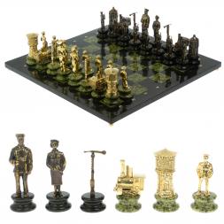 Шахматы подарочные "Железнодорожники" из бронзы и змеевика 48х48 см