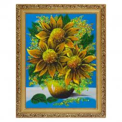 Картина с рисунком из камня &amp;quot;Подсолнухи в вазе&amp;quot; в багете 36х46 см сиреневый фон