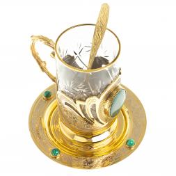 Чайная пара &amp;quot;Малахитовая&amp;quot; тарелка и подстаканник с ложкой Златоуст