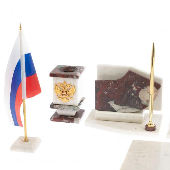 Настольный канцелярский набор с гербом и флагом России камень креноид и белый мрамор 129650