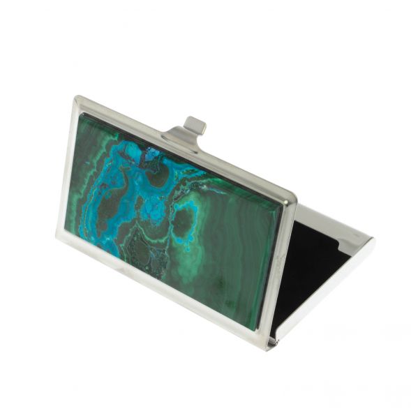 Карманная визитница из камня малахит с хризоколой цвет серебро 129426