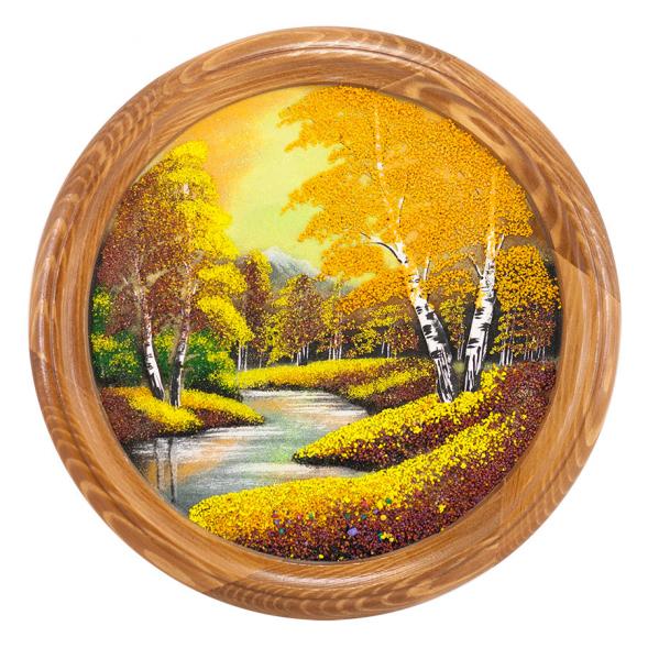 Панно каменное на тарелке из дерева &amp;quot;Осенний пейзаж&amp;quot; 40 см 111129