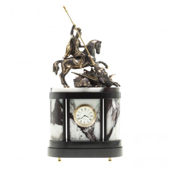 Бронзовые часы на камне &amp;quot;Георгий Победоносец&amp;quot; мрамор в кейсе 123385