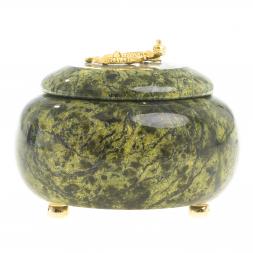 Шкатулка круглая с ящерицей камень змеевик 8х8х6,5 см