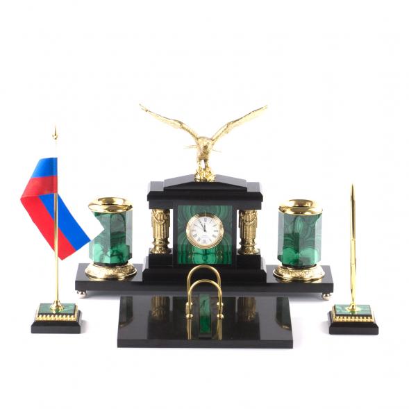 Письменный набор &amp;quot;Гордый орел&amp;quot; из натурального малахита и бронзы Златоуст 121342