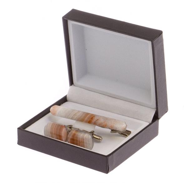 Набор запонки закругленные и зажим для галстука камень агат 125246