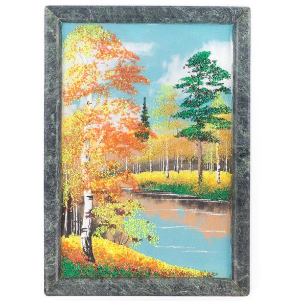Картина из камня &amp;quot;Осенний пейзаж&amp;quot; вертикальная рамка змеевик 24х34 см 120308