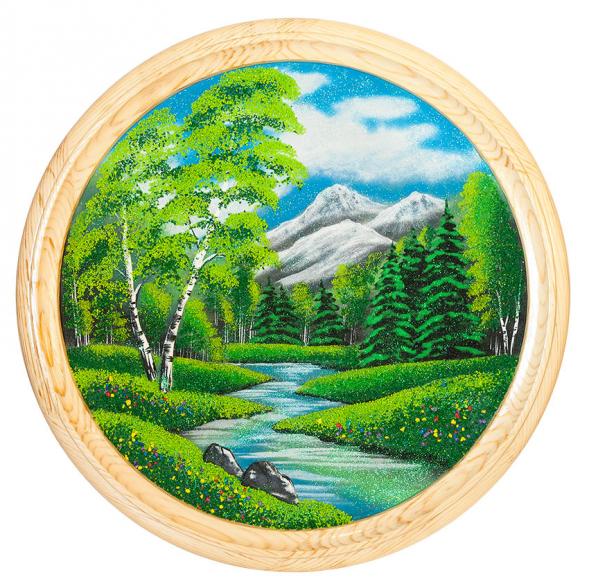 Панно каменное на тарелке из дерева &amp;quot;Летний пейзаж&amp;quot; 60 см 111134